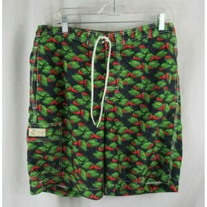 Mens Chaps swim trunks board shorts L large blue red bellied green piranhas